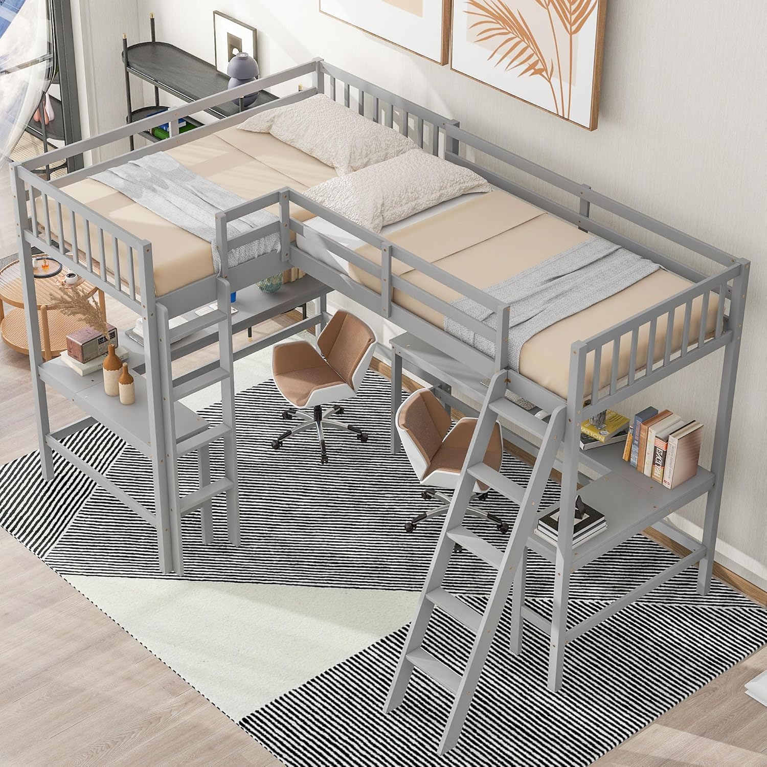 Gray Wooden L-Shaped Double Twin Size Loft Bed Frame with 2 Built-in Desks and Ladder E654