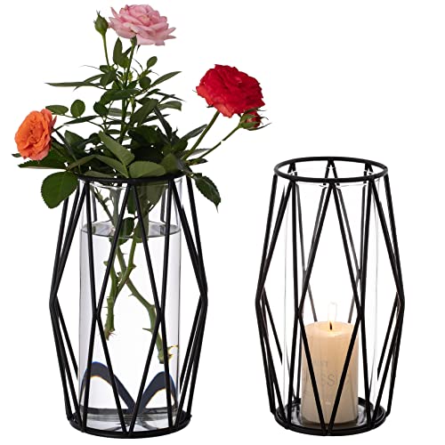2Pcs Gold Pillar Hurricane Candle Holders, Clear Glass Candleholders with Geometric Metal Rack Stand, 8.5" M277628