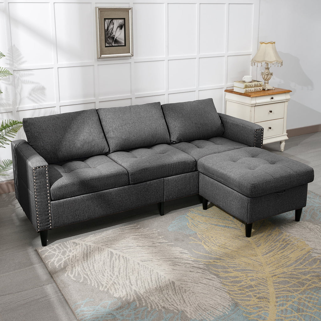 Reversible Sectional Couch, 3 Seat L Shaped Modular Sleeper Sofa Bed with Storage Ottoman Chaise, Dark Grey O42958
