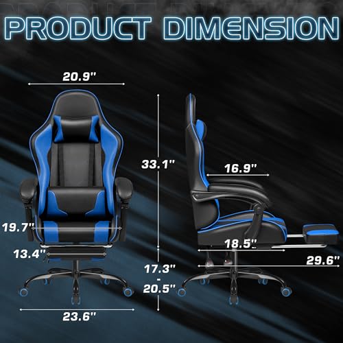 Blue Ergonomic Gaming Chair with Footrest and Massage Lumbar Support B22546