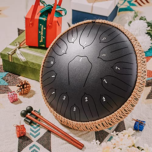 14 Inch 15 Notes Steel Tongue Drum with Travel Bag Mallets Music Book C Major Navy D994772