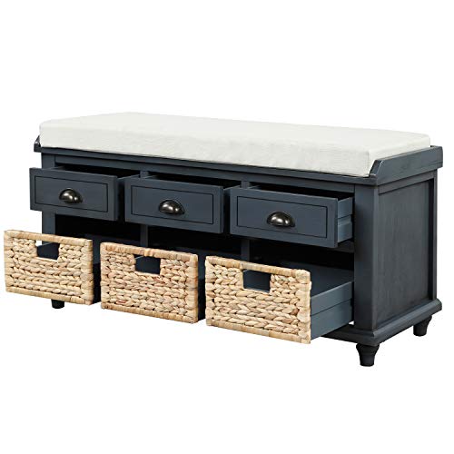 Navy Wood Shoe Storage Bench with Cushion and 2 Drawers V905