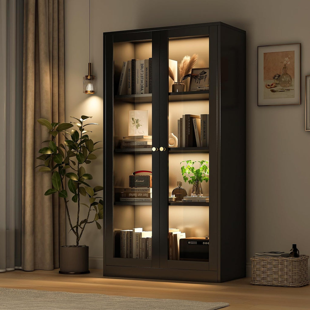 Black Glass Display Cabinet with LED Light, 3 Adjustable Shelves T7327