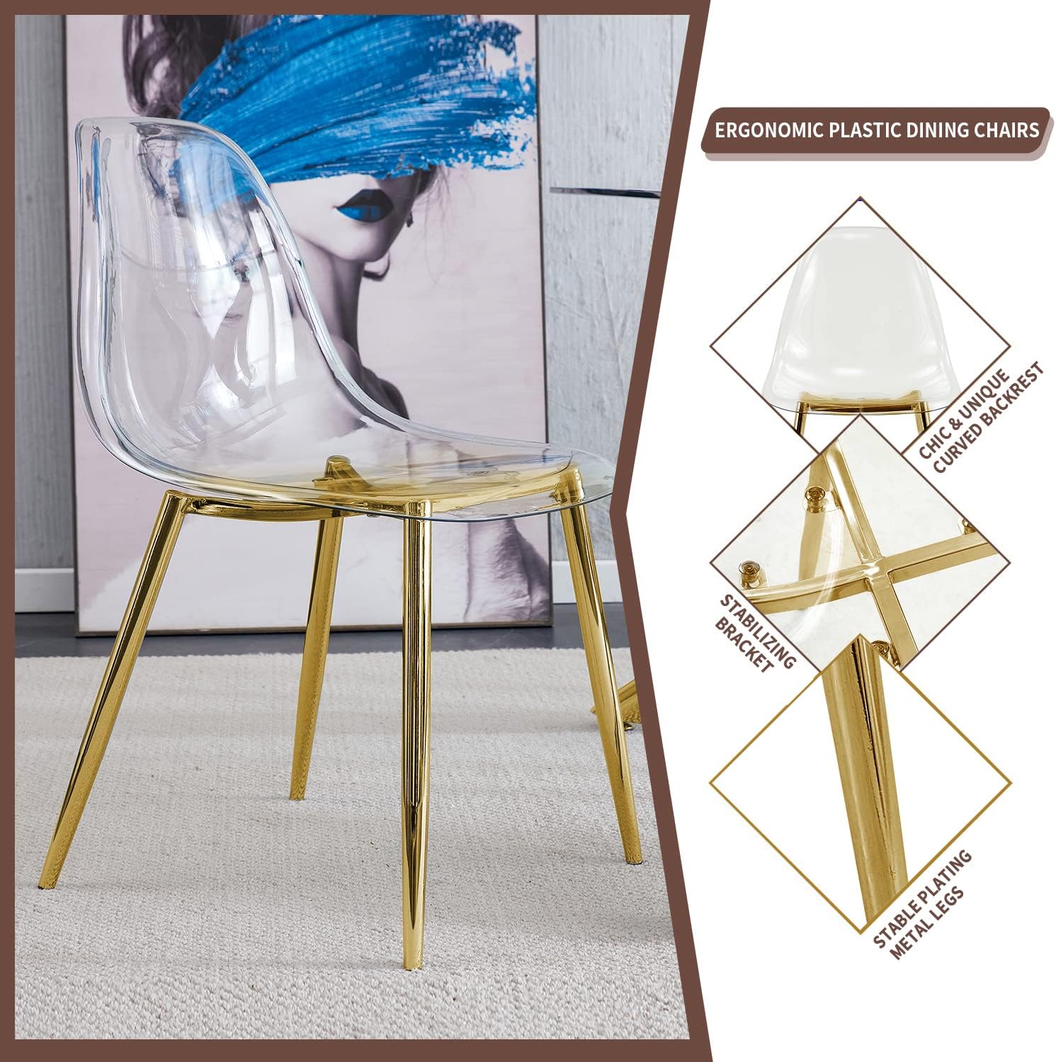 Gold Round Glass 7 PCS Dining Table Set with Clear Acrylic Chair U3620