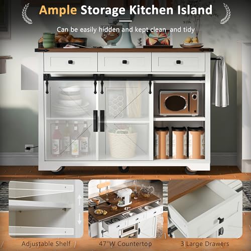 Rustic Kitchen Island With Power Outlet, Sliding Barn Doors, Drop Leaf, Drawers and Spice Rack H231543