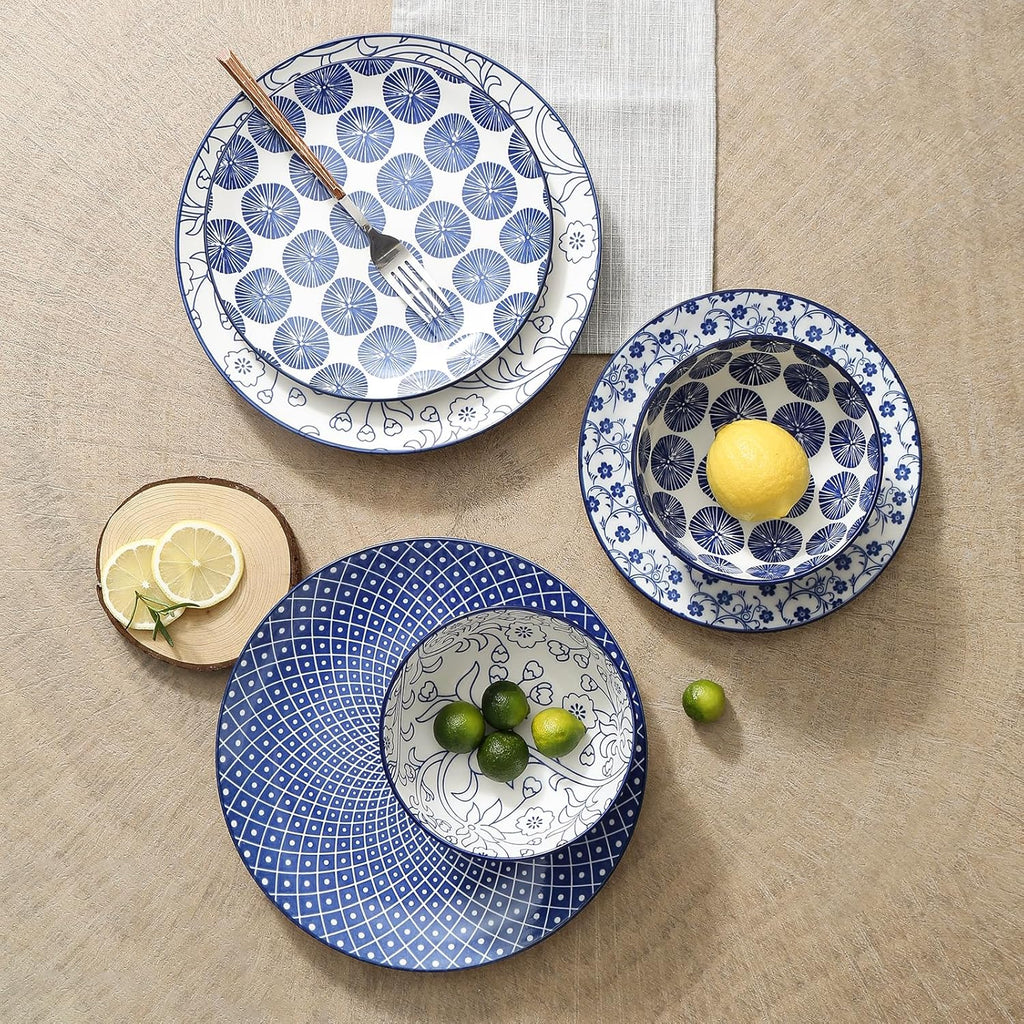 16 Pieces Ceramic Dinnerware Set with 8 Inch Rectangular Salad Plates, Blue I984