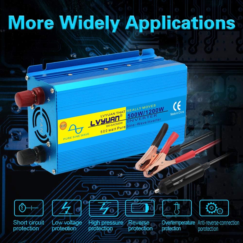 500W Pure Sine Wave Power Inverter DC 12V to AC 110V with Dual USB Ports Pack of 2 P744543