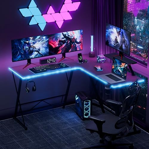 Black 51 Inch L Shaped Gaming Desk with LED Lights C27319
