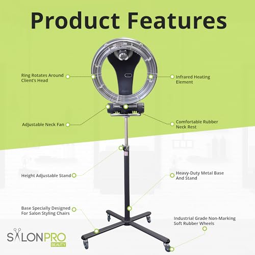 Professional Infrared Hair Color Processor & Multi-Function Dryer Accelerator w/Rolling Base - Heavy Duty Adjustable Standing Hair Dryer (Black) Z40928