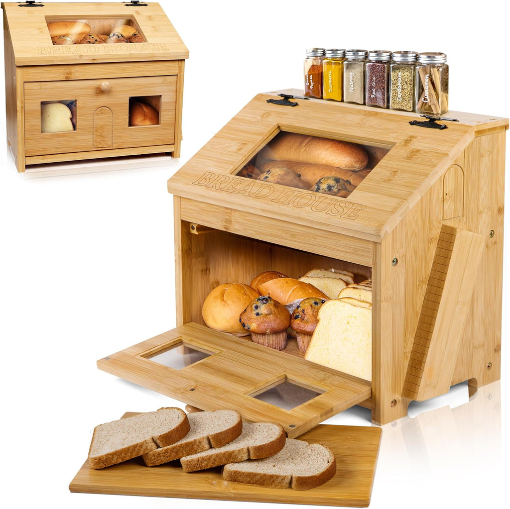 Large Wooden Bamboo Bread Box with Cutting Board W43439
