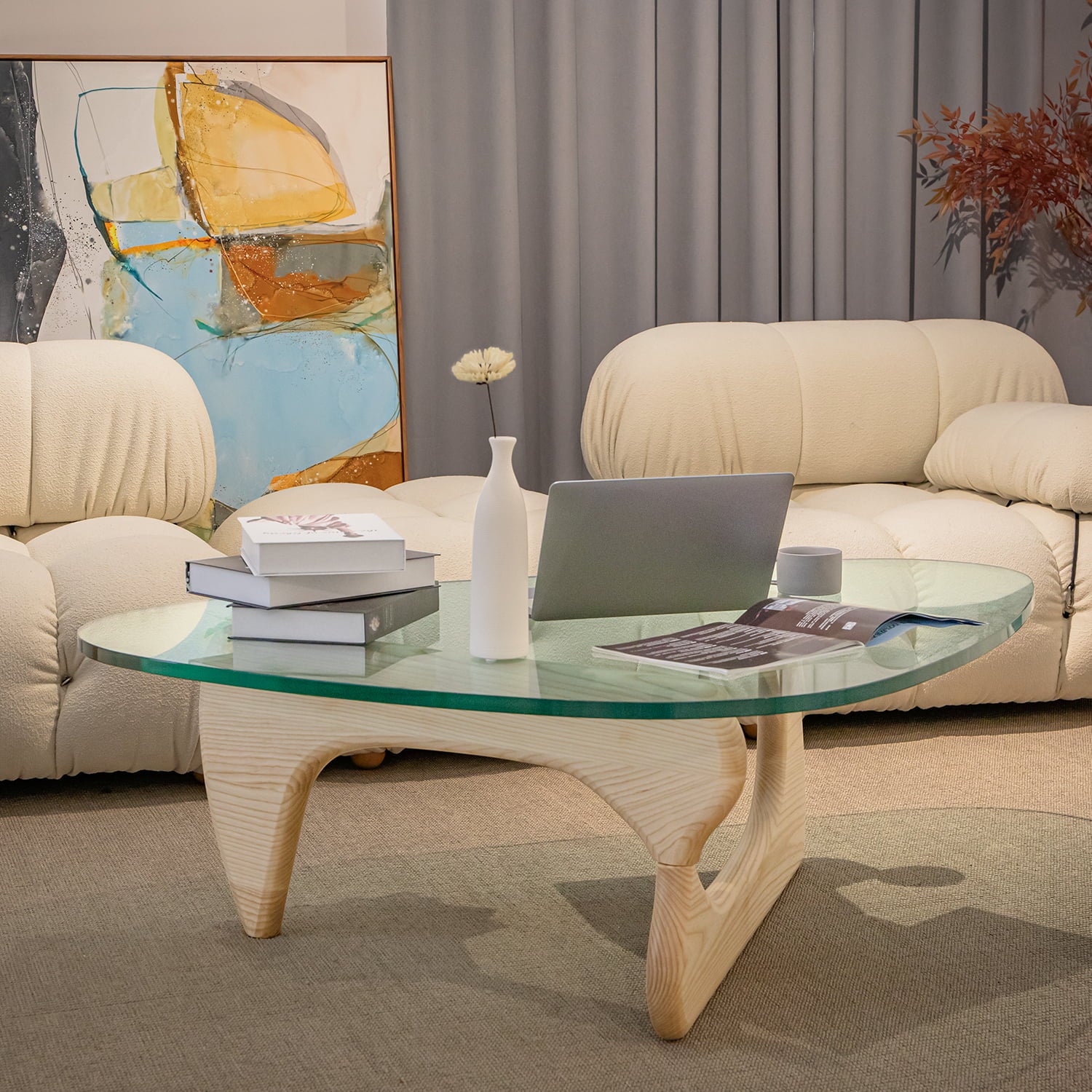 Triangle Tempered Glass Coffee Table Solid Wooden Base G393