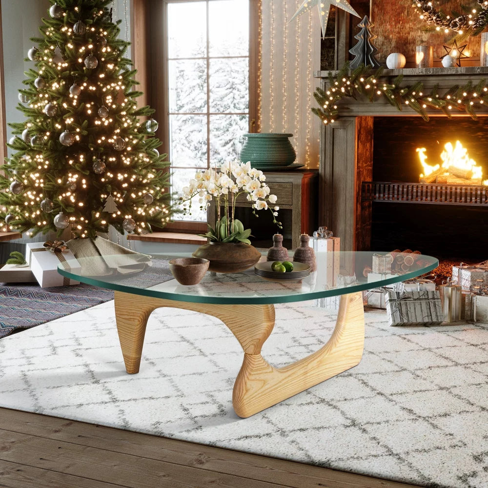 Triangle Tempered Glass Coffee Table Solid Wooden Base G393