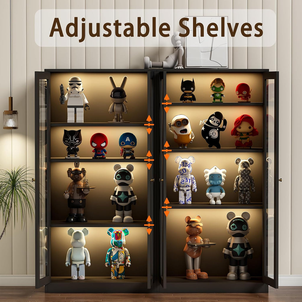 Black Glass Display Cabinet with LED Light, 3 Adjustable Shelves T7327