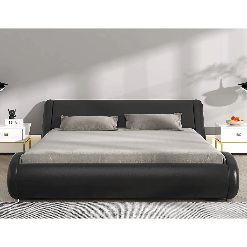 Black Faux Leather Upholstered Platform Bed Frame with Headboard F21603