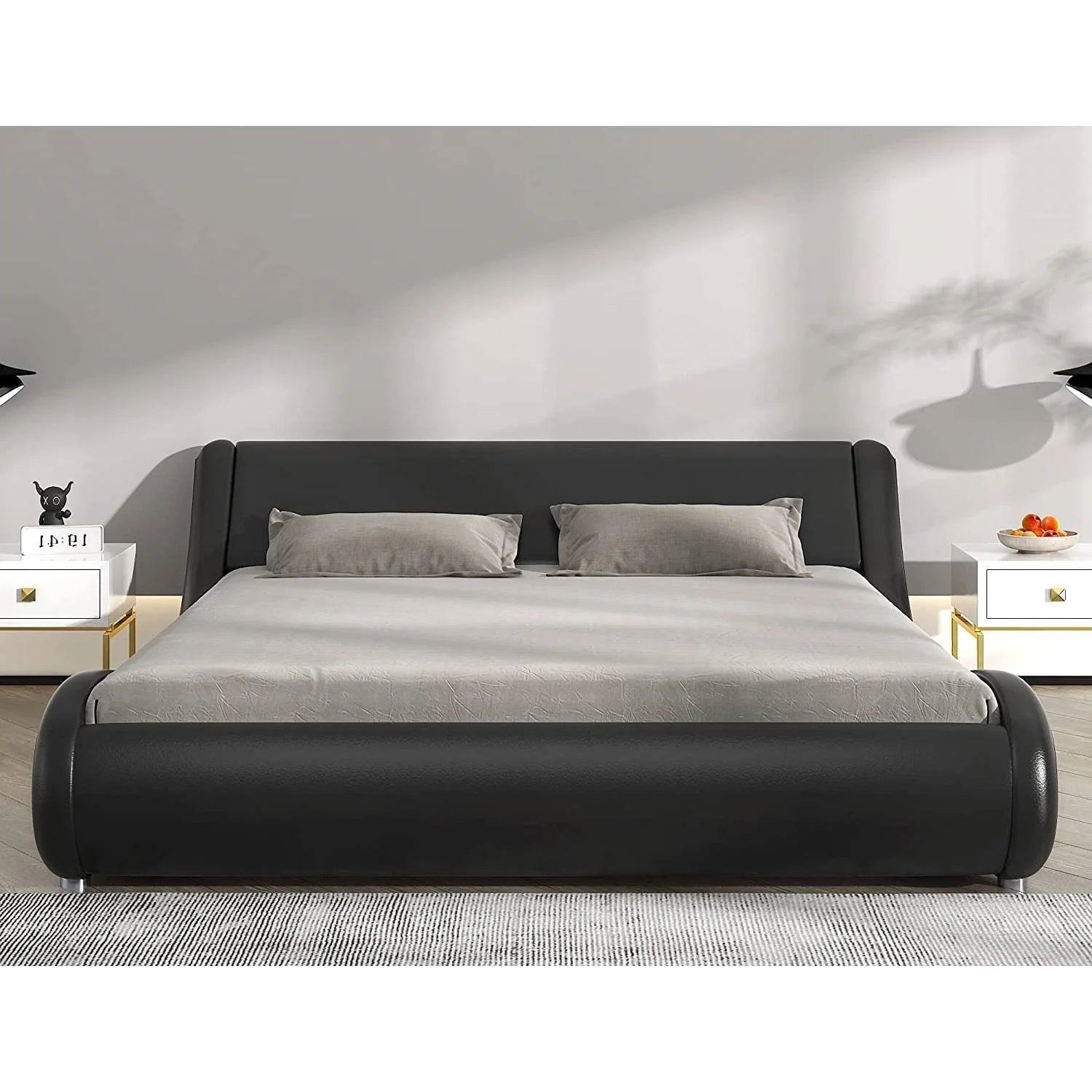 Black Faux Leather Upholstered Platform Bed Frame with Headboard F21603
