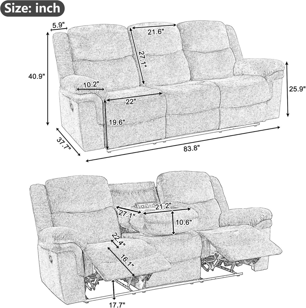 3-Piece Velvet Recliner Sofa Set with Cup Holders S4470