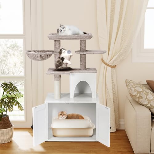 White Wooden Cat Litter Box Enclosure with Cat Tree Tower and Condo Y530
