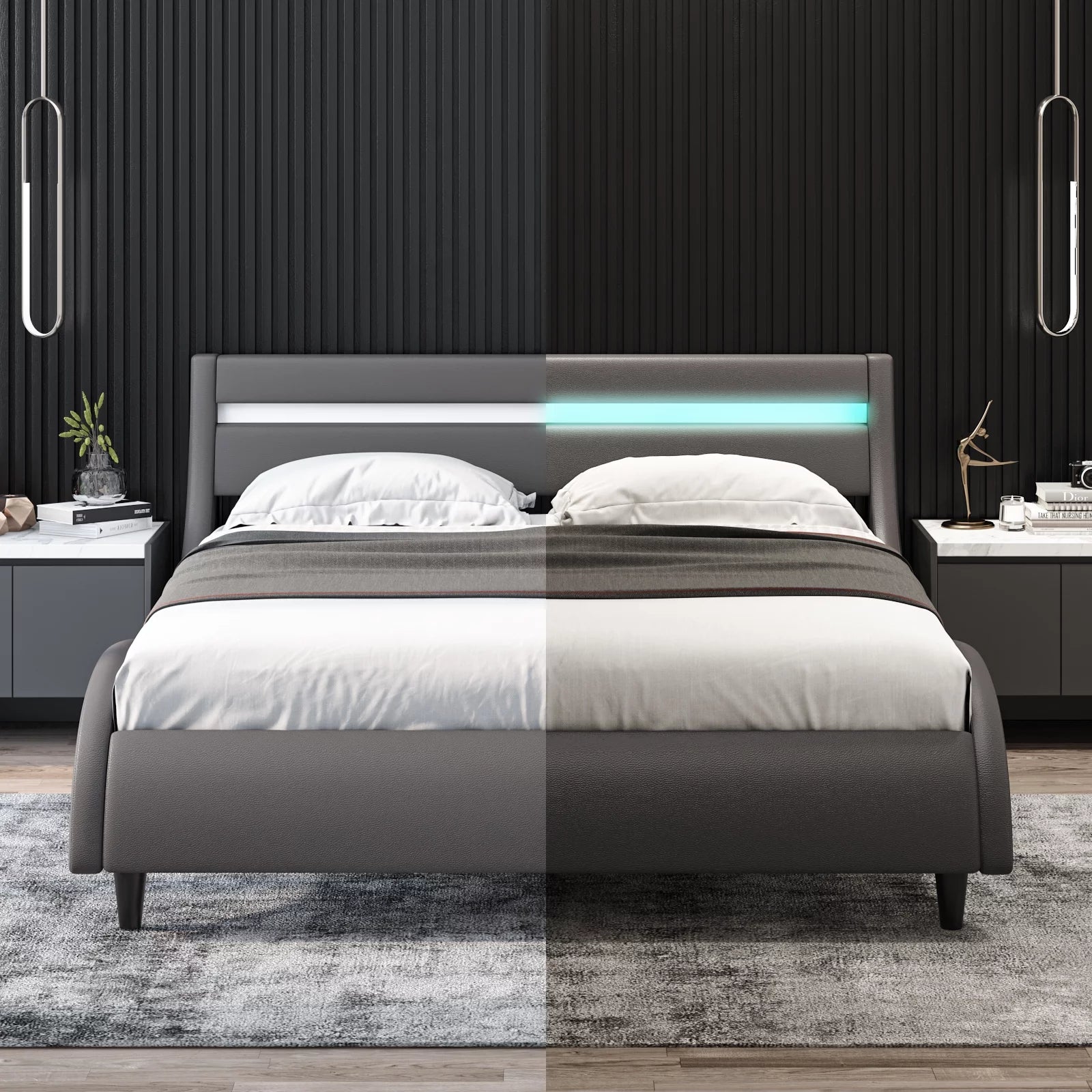 Gray Queen Size Led Bed Frame with Adjustable Upholstered Headboard H770
