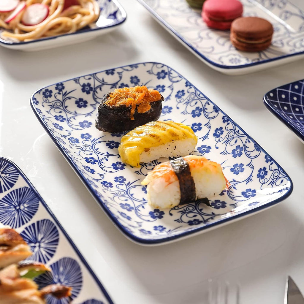 16 Pieces Ceramic Dinnerware Set with 8 Inch Rectangular Salad Plates, Blue I984