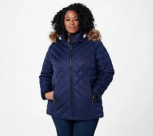 Dark Blue Stretch Mixed Quilted Puffer Coat with Faux Fur Hood, Size X-Small Z499558