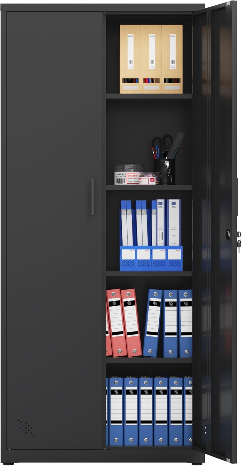 Metal Garage Storage Cabinet, Tall Locking Steel Storage Cabinet with 2 Doors and 4 Adjustable Shelves O46872