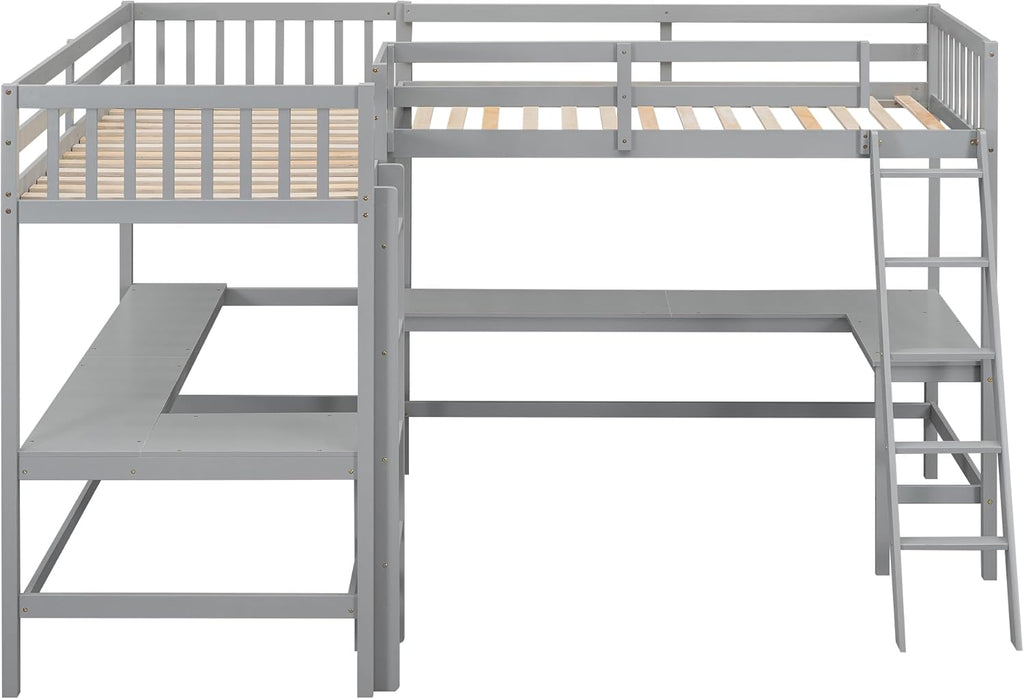 Gray Wooden L-Shaped Double Twin Size Loft Bed Frame with 2 Built-in Desks and Ladder E654