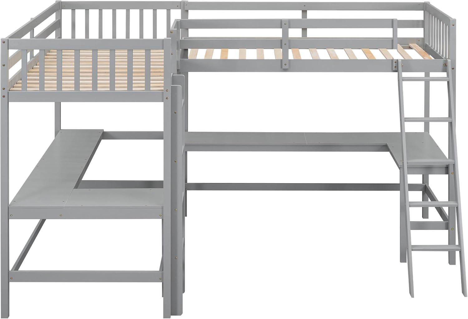Gray Wooden L-Shaped Double Twin Size Loft Bed Frame with 2 Built-in Desks and Ladder E654
