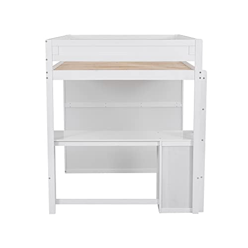 White Wooden Loft Bed with Storage Wardrobe and Desk C954