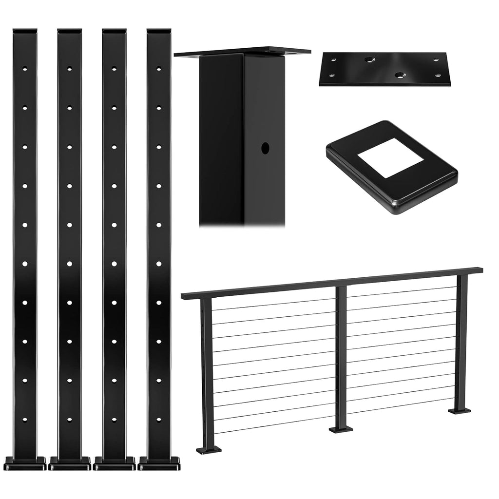 4Pack 36''x2''x2'' Black Square Weldless Stainless Steel Pre-Drilled Cable Railing Post Q3519