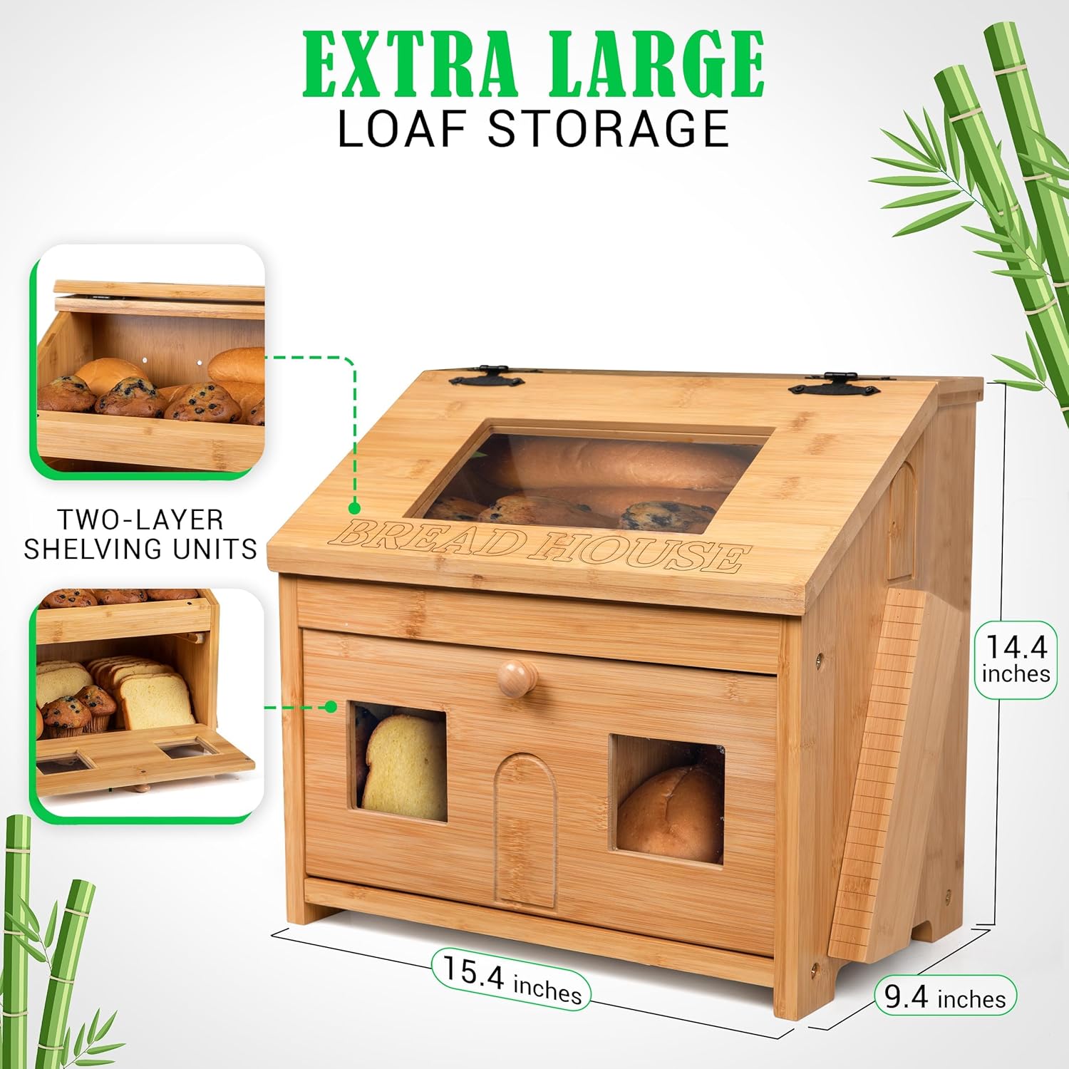 Large Wooden Bamboo Bread Box with Cutting Board W43439