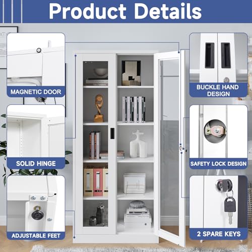 71" Locking Steel Cabinet with Tempered Glass Door, 2 Adjustable Shelves, 4 Doors, White A303