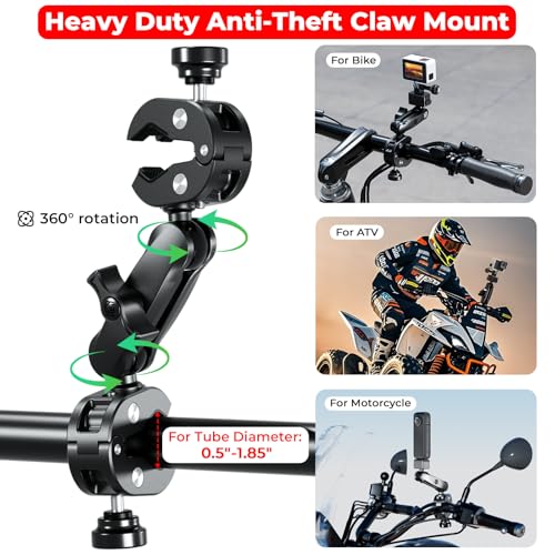 Aluminum Alloy Motorcycle Camera Mount Kit with 360° Rotating Heavy-Duty Bike Handlebar Anti-Theft Clamp Mount with Extendable Selfie Stick F851