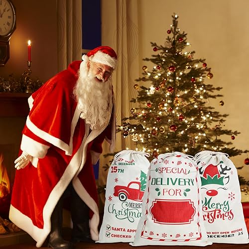 3Pack Christmas Santa Burlap Sacks with Drawstring 26" x 19" Large Q859553
