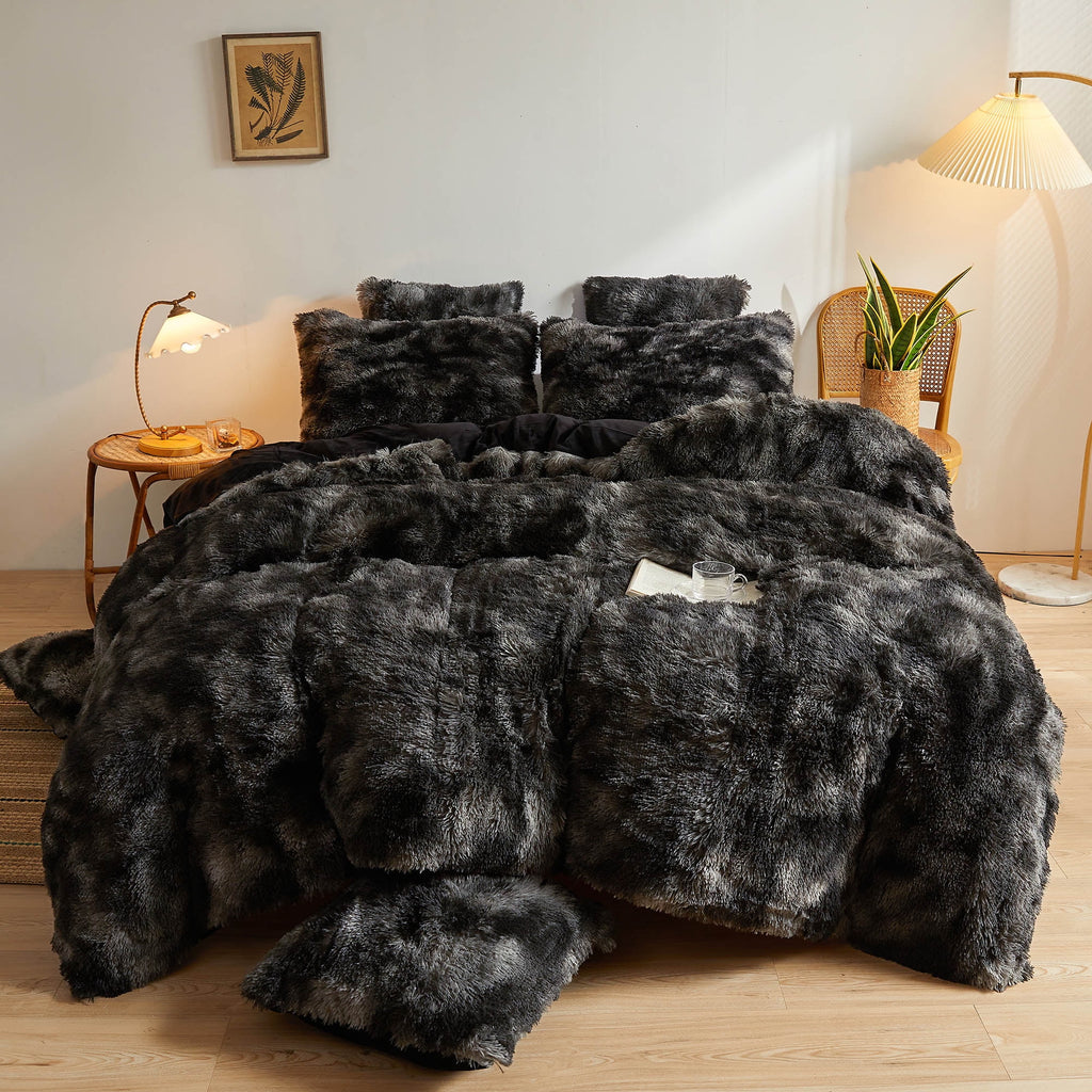 Tie Dye Plush Shaggy Duvet Cover Set, 3 Pieces Velvet Fluffy Furry Bedding Set, Queen W759