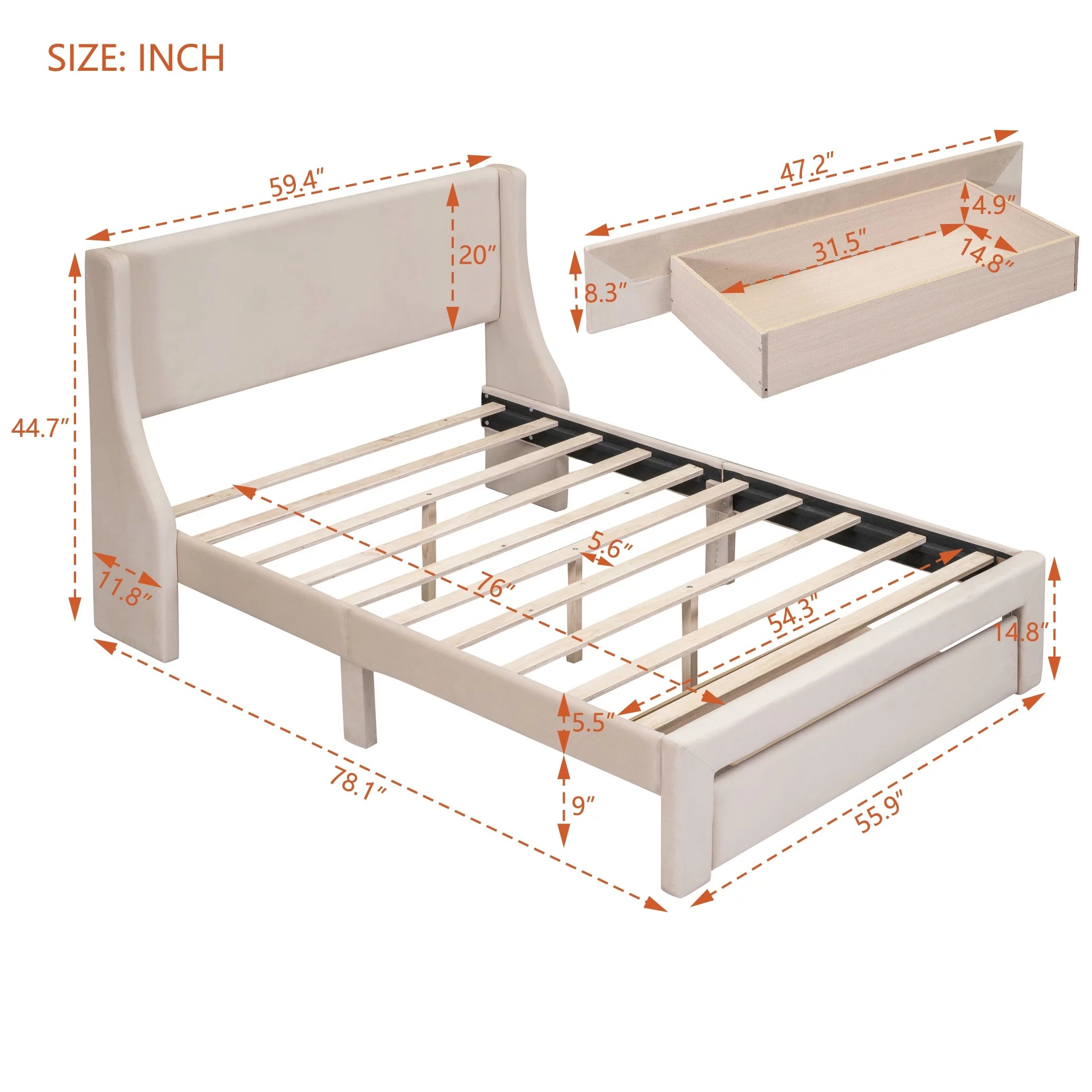 Beige Velvet Full Size Bed Frame with Storage Drawer H449846