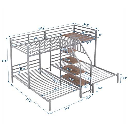 Full-Over-Twin-Twin Solid Wood Triple Bunk Bed with Wardrobe and Mirror (Grey) O3292