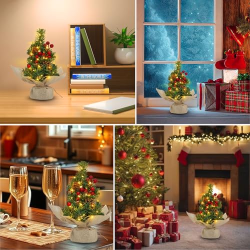 12 Inch Mini Tabletop Artificial Christmas Tree with Timer Lights Pinecones Red Berries Y4446