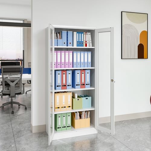 71" Locking Steel Cabinet with Tempered Glass Door, 2 Adjustable Shelves, 4 Doors, White A303