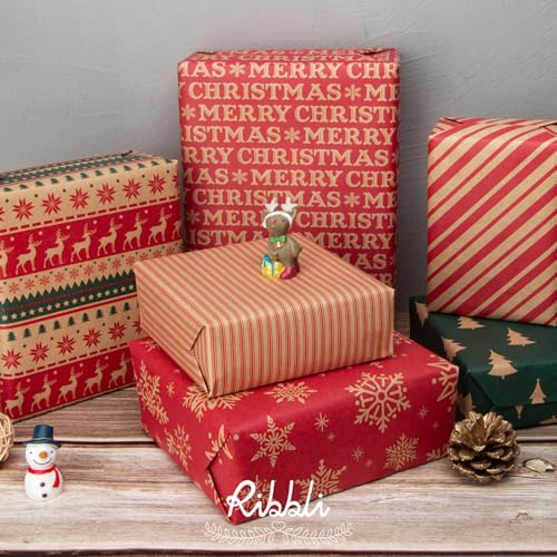 6 Rolls Kraft Christmas Wrapping Paper with Snowflake/Tree/Red Stripe/Merry Christmas Pattern, 17 inch x 120 inch Per Roll P58520