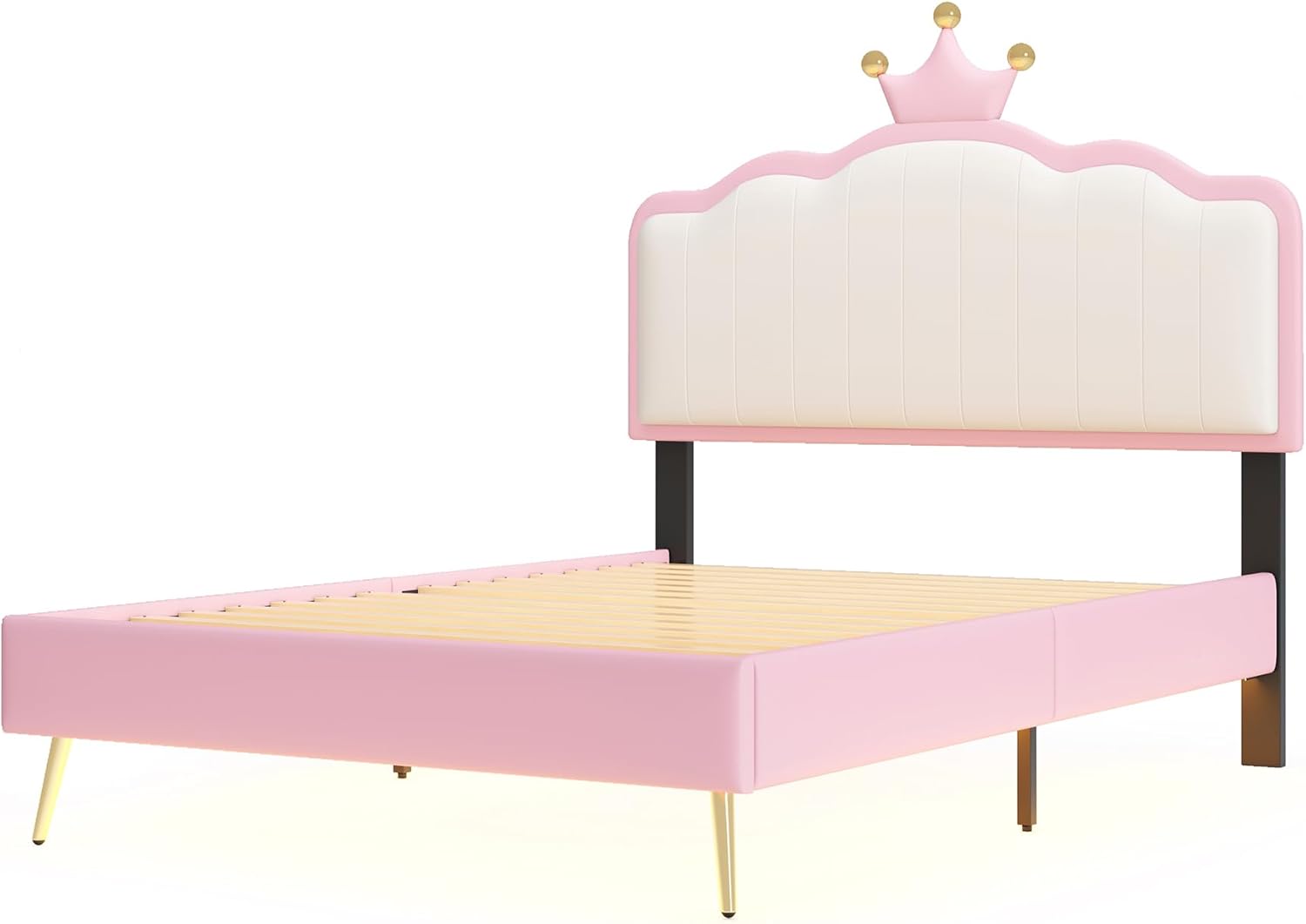 White and Pink Twin Upholstered Platform Bed with Light Strips and Golden Metal Legs L931996