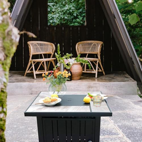30" Propane Fire Pit with Real Ceramic Tabletop, 50000 BTU Gas Firepit Table with Lid & Glass Rock K6800