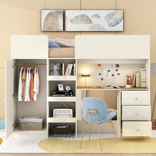 Gray Full Size Wood Loft Bed with Desk L82619