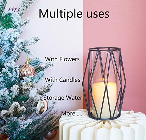 2Pcs Gold Pillar Hurricane Candle Holders, Clear Glass Candleholders with Geometric Metal Rack Stand, 8.5" M277628