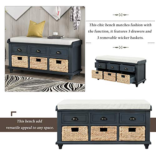 Navy Wood Shoe Storage Bench with Cushion and 2 Drawers V905