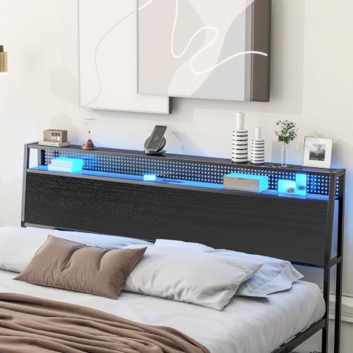 Queen Bed Frame with LED Lights, Metal Platform Bed Frame with 4 Storage Drawers, Tall Bookcase Headboard and Charging Station, Black D867