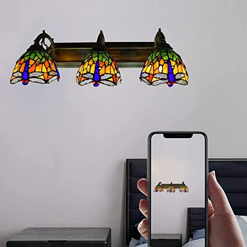 Tiffany Victorian Wall Sconce, 3-Light Vanity Light Fixtures Stained Glass Lampshade Dragonfly Over Mirror Lamp S678901