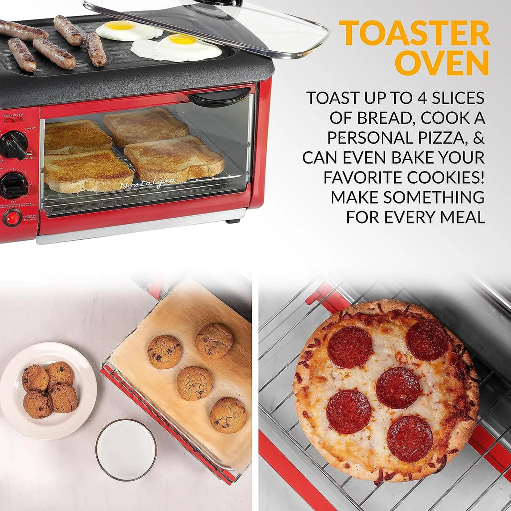 3-in-1 Breakfast Station with Coffee Maker, Non-Stick Griddle, and 4-Slice Toaster Oven - Red Z603