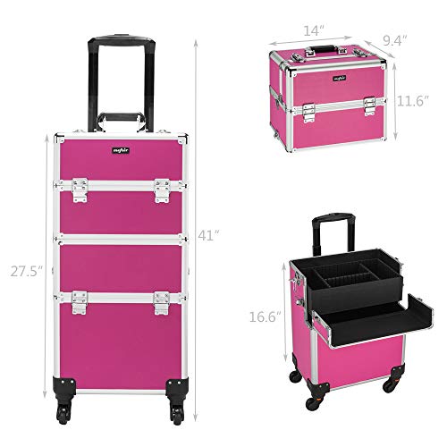 3 in 1 Rolling Makeup Train Case, Aluminum Cosmetic Case on Wheels V8512