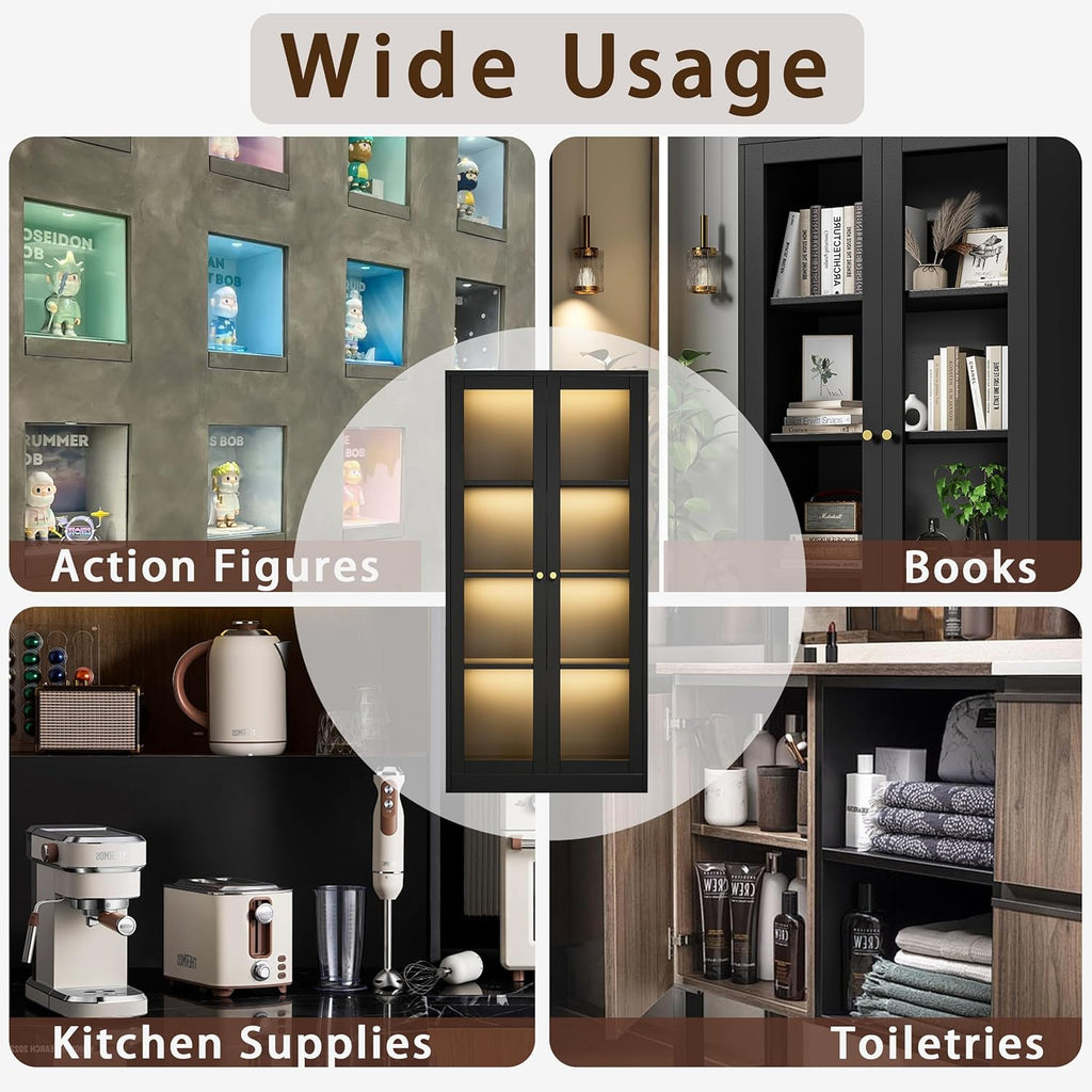 Black Glass Display Cabinet with LED Light, 3 Adjustable Shelves T7327
