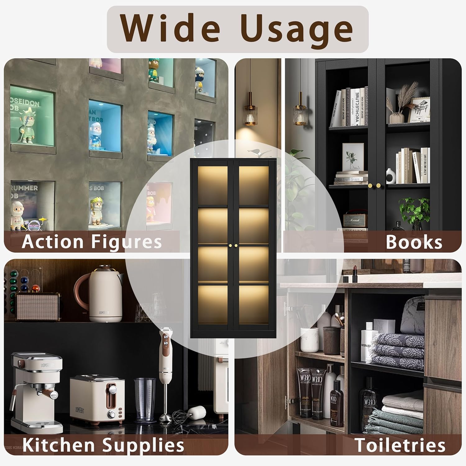 Black Glass Display Cabinet with LED Light, 3 Adjustable Shelves T7327
